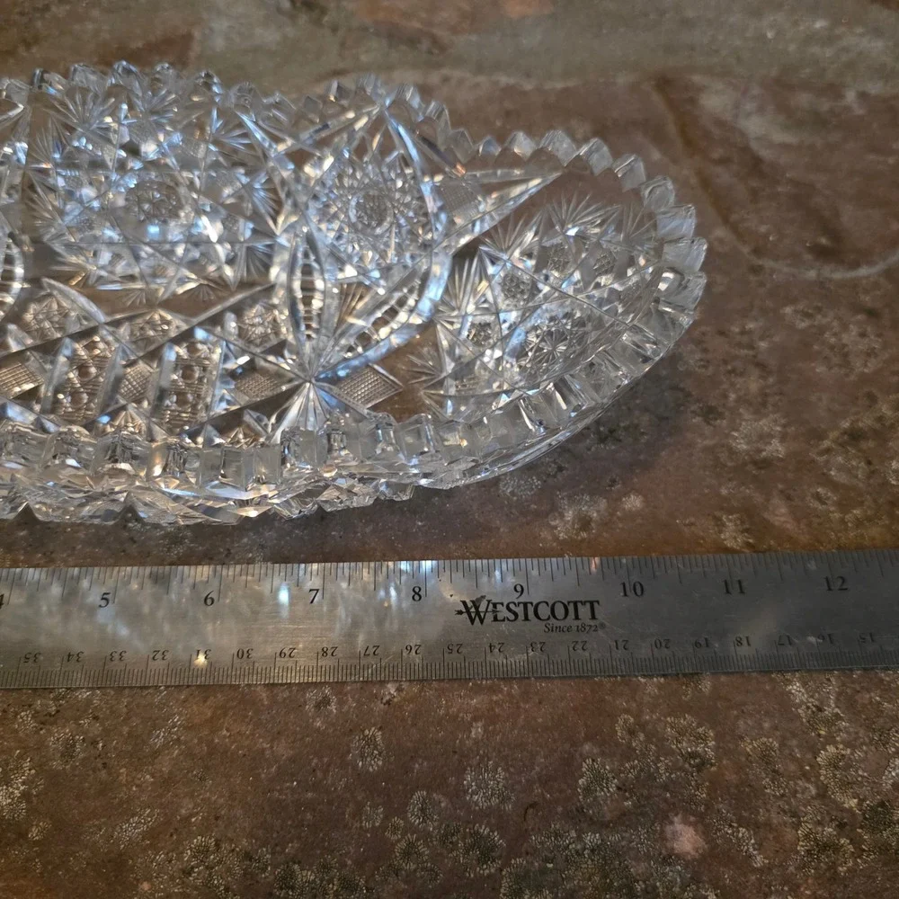 Vintage American Brilliant Style Cut Glass Oval Bowl Starburst Sawtooth Rim 9.5